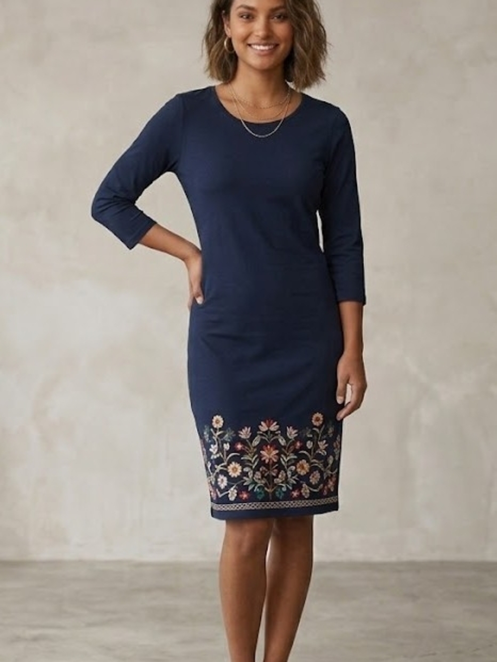 J. Jill Navy Midi Dress with Floral Embroidered Hem
